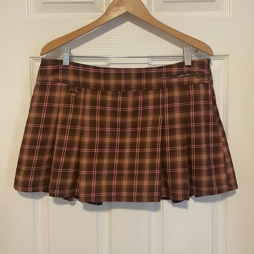 Y2K Vintage Brown Pink Plaid Mini Skirt Old Navy Low Rise Pleated Preppy 2000s